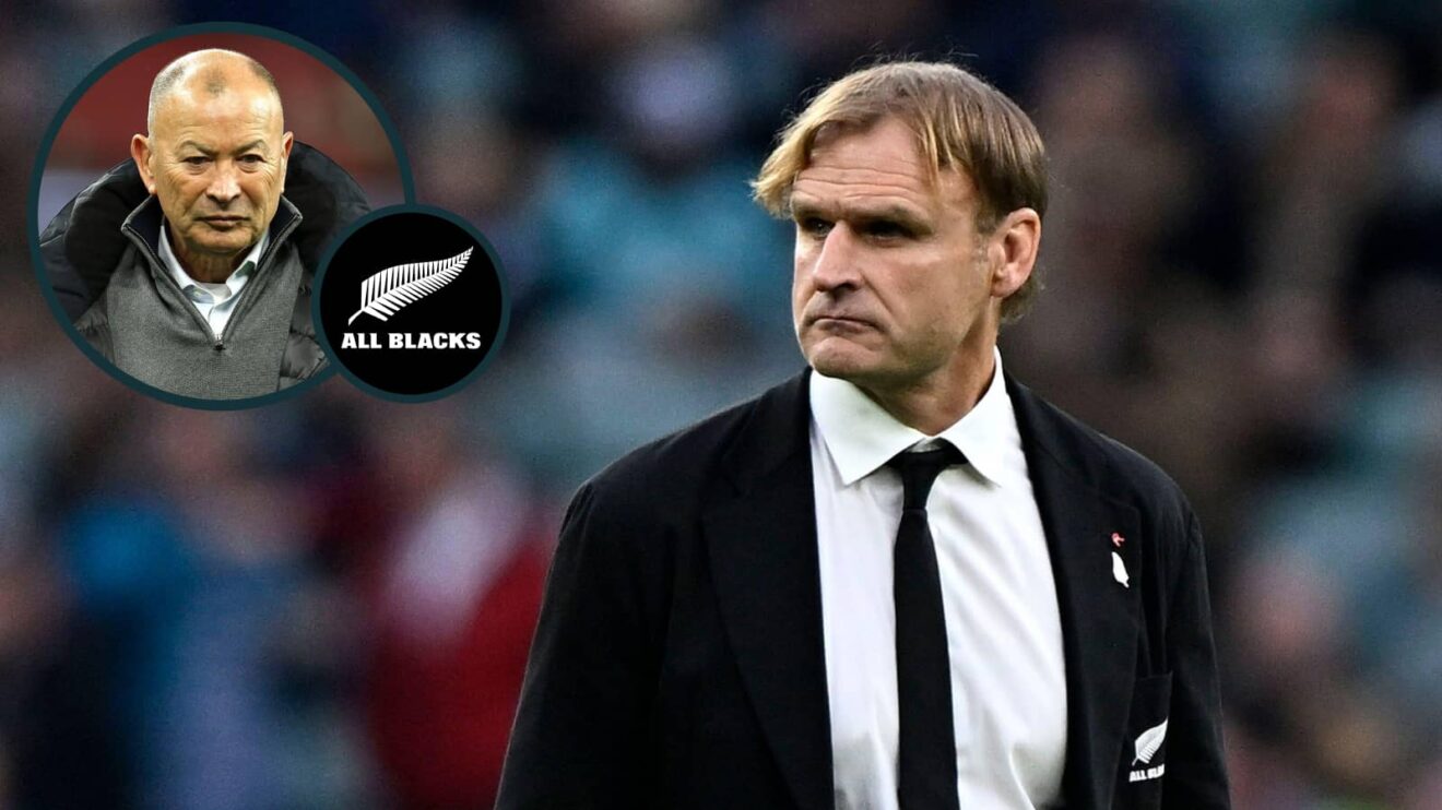 All Blacks head coach Scott Robertson with an inset of Eddie Jones.