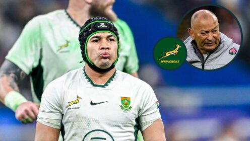 Springboks winger Cheslin Kolbe and an inset of Eddie Jones.