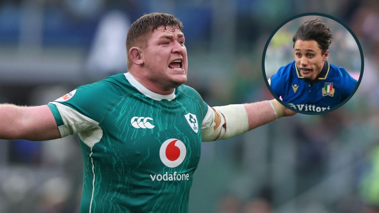 A two layered image of Tadhg Furlong and Ange Capuozzo
