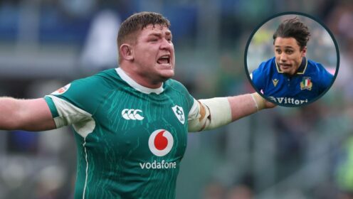 A two layered image of Tadhg Furlong and Ange Capuozzo