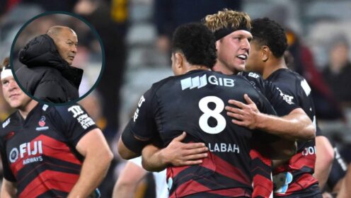 Crusaders players celebrate after winning the Super Rugby Pacific Round 16 match and an inset of Eddie Jones.