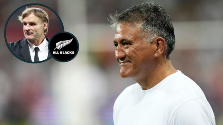 Favourite for All Blacks head coach role, Jamie Joseph, and former boss Scott Robertson (inset).