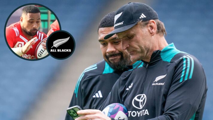 Ardie Savea alongside Scott Robertson, and former All Blacks centre Ngani Laumape playing in Japan (inset).