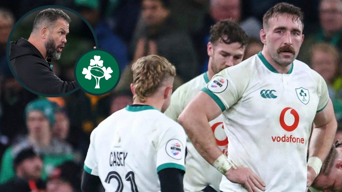 Ireland players dejected and their head coach Andy Farrell (inset).