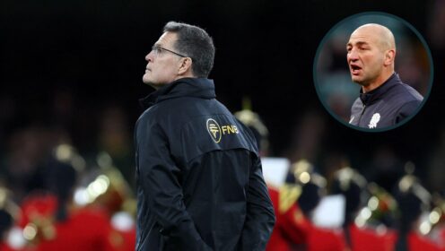 Springboks head coach Rassie Erasmus and an inset of England boss Steve Borthwick.