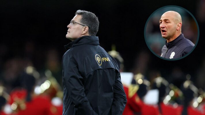 Springboks head coach Rassie Erasmus and an inset of England boss Steve Borthwick.