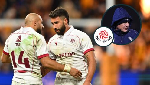 Georgia players Aka Tabutsadze and Giorgi Kveseladze with an inset of ex-head coach Richard Cockerill.