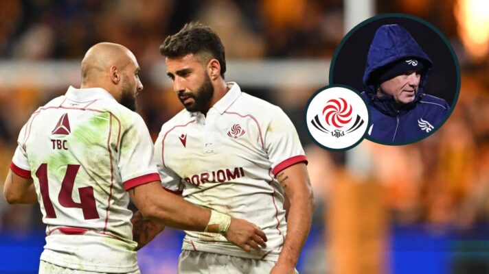 Georgia players Aka Tabutsadze and Giorgi Kveseladze with an inset of ex-head coach Richard Cockerill.