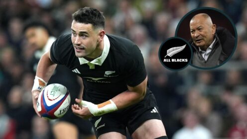 All Blacks full-back Will Jordan and an inset of Eddie Jones.