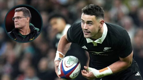 All Blacks full-back Will Jordan and Springboks head coach Rassie Erasmus (inset).