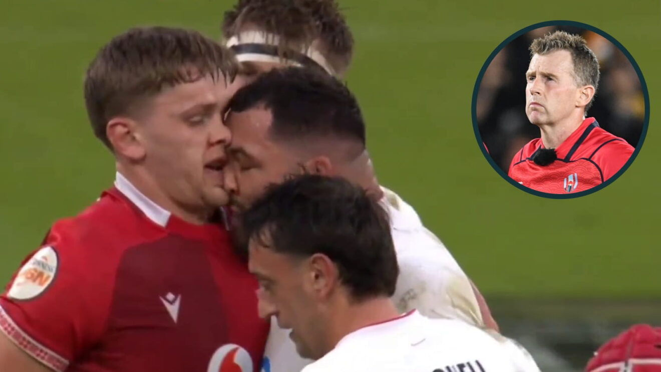 Ellis Genge's headbutt on Alex Mann and an inset of Nigel Owens.