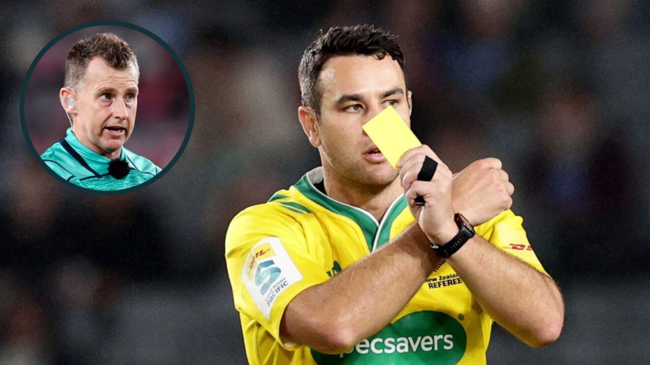 Referee Ben O'Keeffe shows a yellow card during the Super Rugby Pacific match between the Blues and ACT Brumbies and an inset of Nigel Owens.