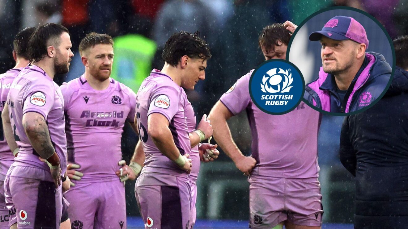 A two layered image of Gregor Townsend and Scotland players