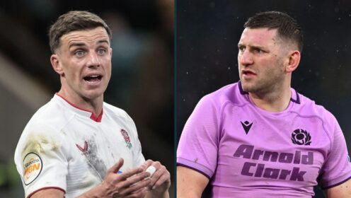 A two panel image of George Ford (left) and Finn Russell (right)