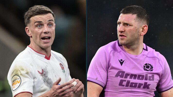 A two panel image of George Ford (left) and Finn Russell (right)