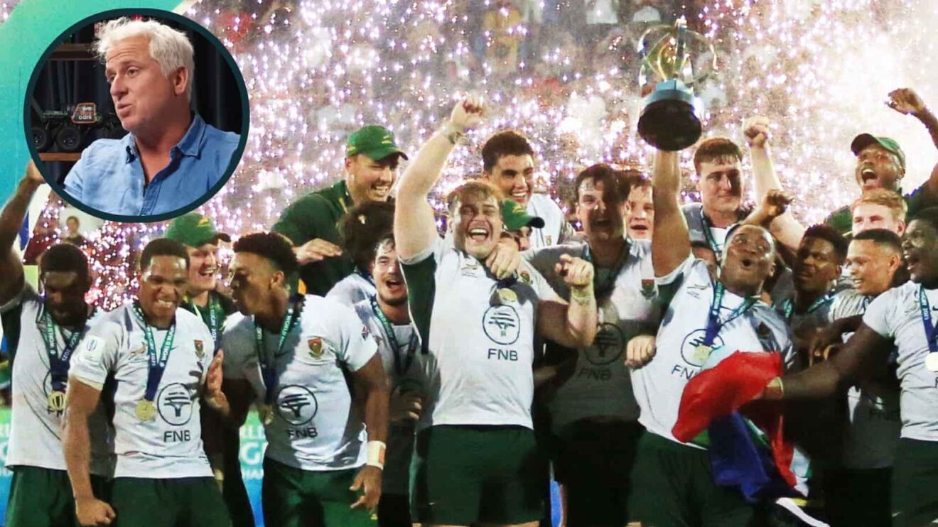 South Africa U20s celebrate 2025 title and former Springboks centre Robbie Fleck (inset).