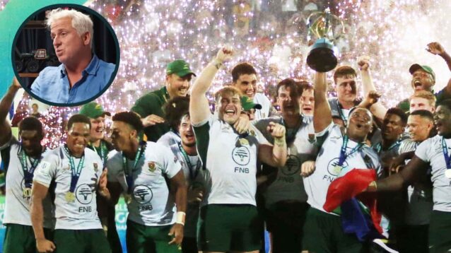 South Africa U20s celebrate 2025 title and former Springboks centre Robbie Fleck (inset).