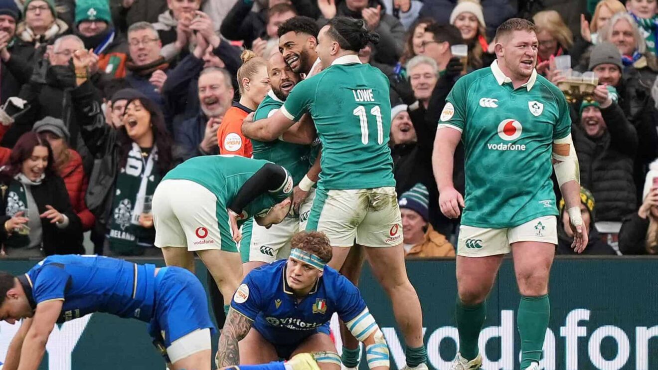 Ireland celebrate Rob Baloucoune's try against Italy in 2026 Six Nations.