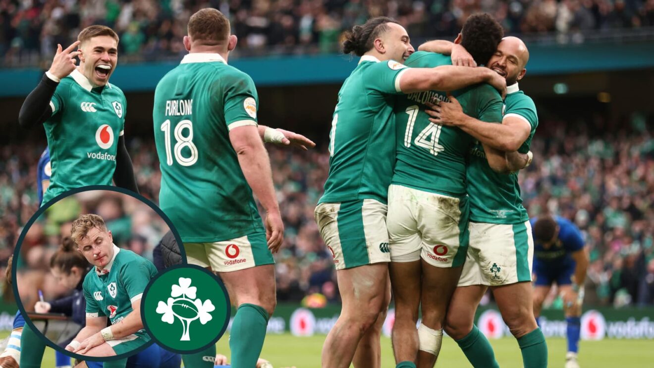 two layer image of Ireland celebrating a try and Craig Casey