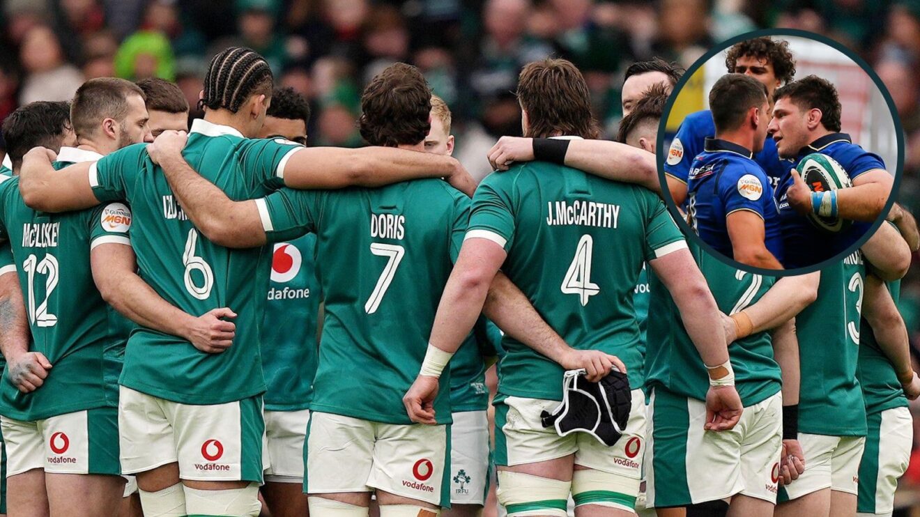 A two layered image of Ireland and Italy players in their Six Nations Test