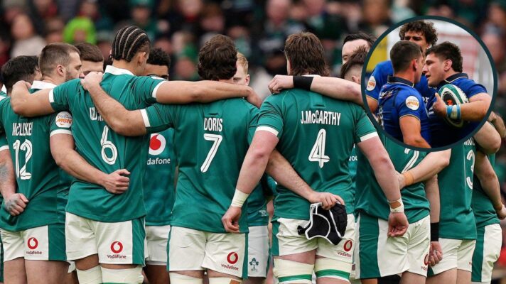 A two layered image of Ireland and Italy players in their Six Nations Test