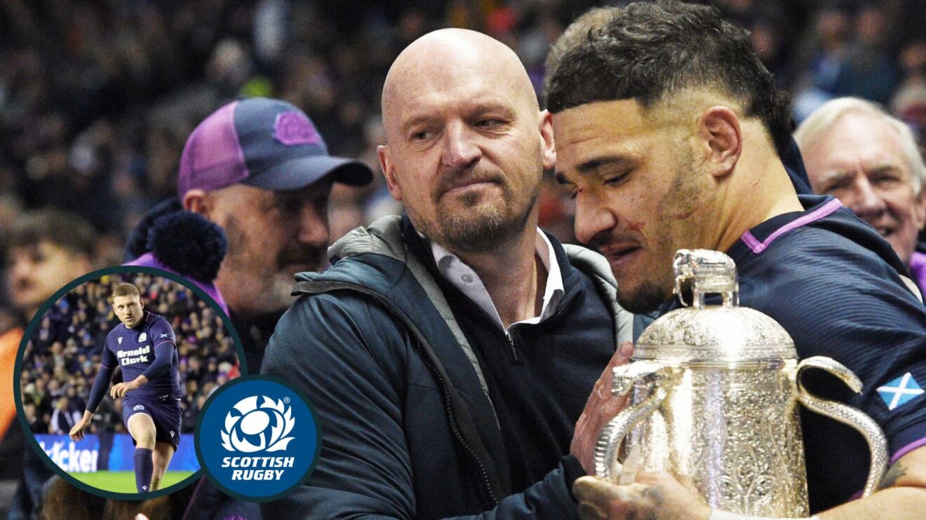 Scotland head coach Gregor Townsend and captain Sione Tuipulotu hold the Calcutta Cup.