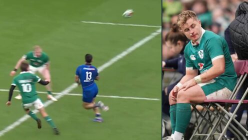Tommaso Menoncello's pass and an inset of Ireland scrum-half Craig Casey.