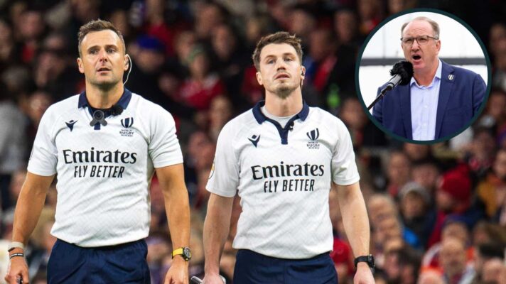 Referee James Doleman waits to hear from the TMO during the 2026 Six Nations and an inset of World Rugby Chair Brett Robinson.