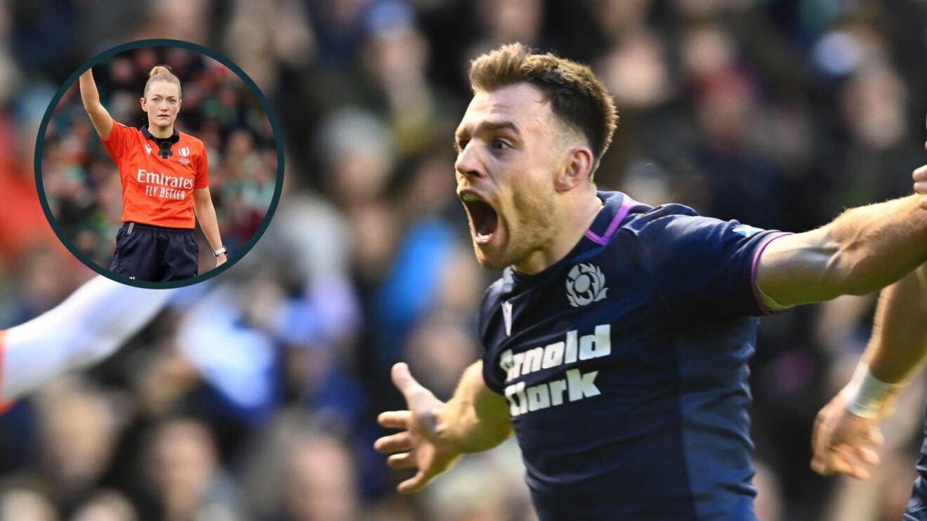 Ben White of Scotland celebrates after scoring against England and an inset of referee Hollie Davidson.