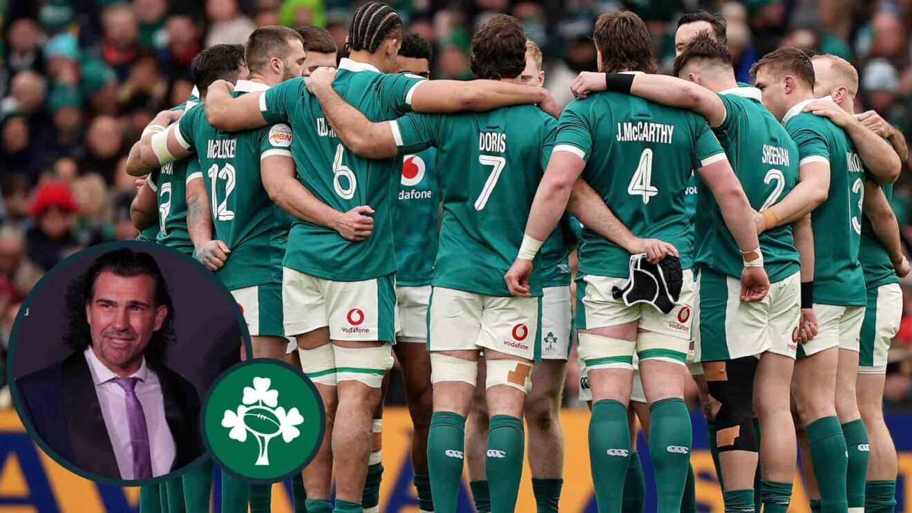 Ireland in a huddle during 2026 Six Nations and Springboks legend Victor Matfield (inset).