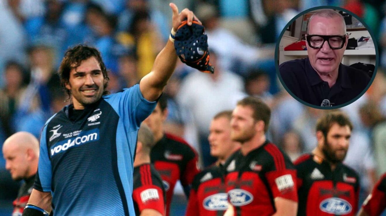 Victor Matfield for the Bulls against Crusaders and All Blacks legend Sir John Kirwan (inset).
