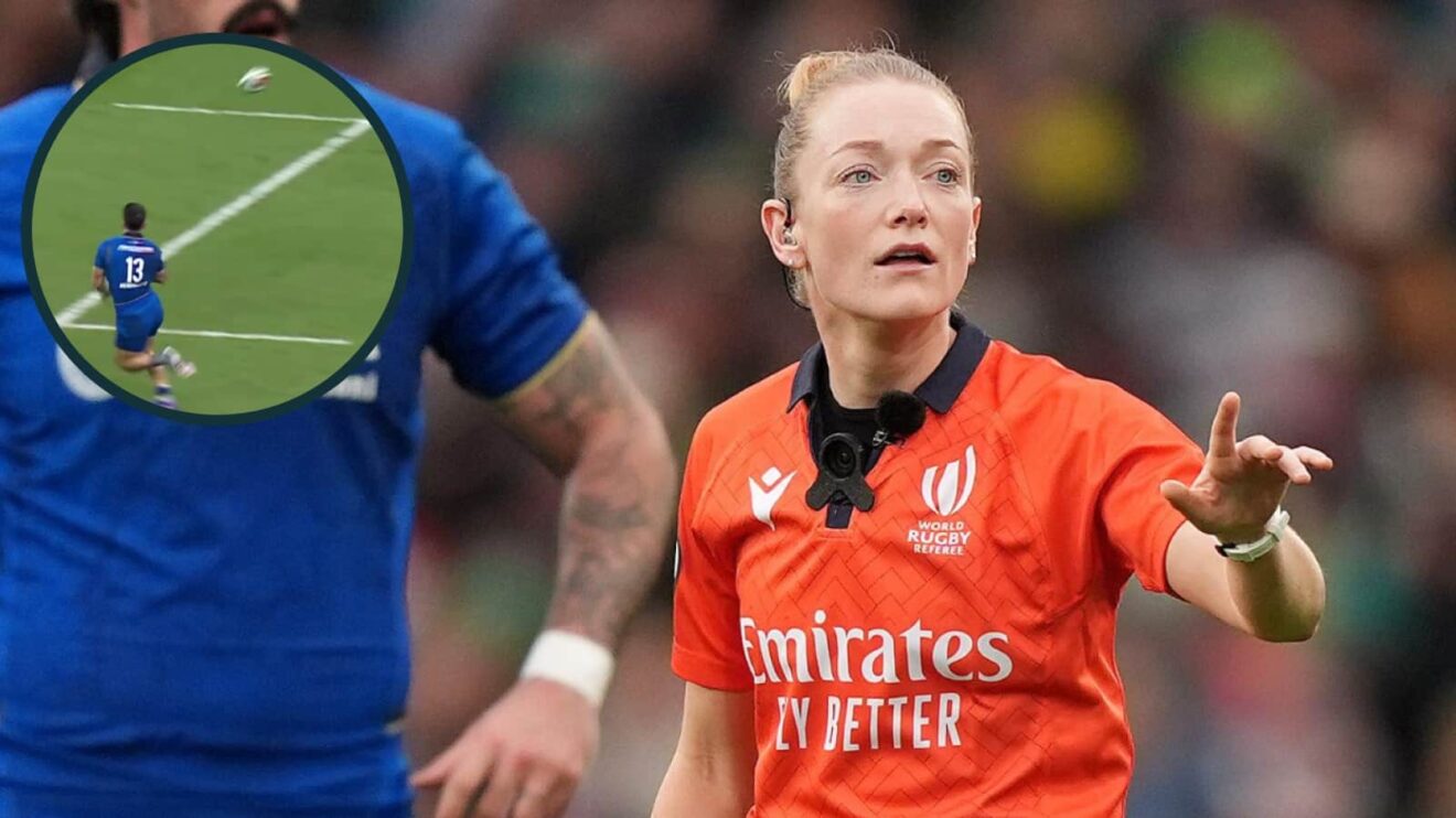 Referee Hollie Davidson and an inset of Tommaso Menoncello's pass.