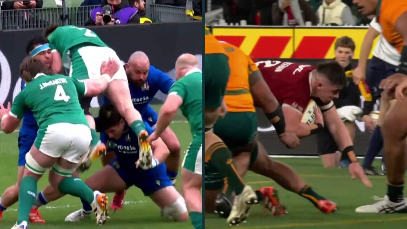 Dan Sheehan diving in matches for Ireland and the British and Irish Lions.