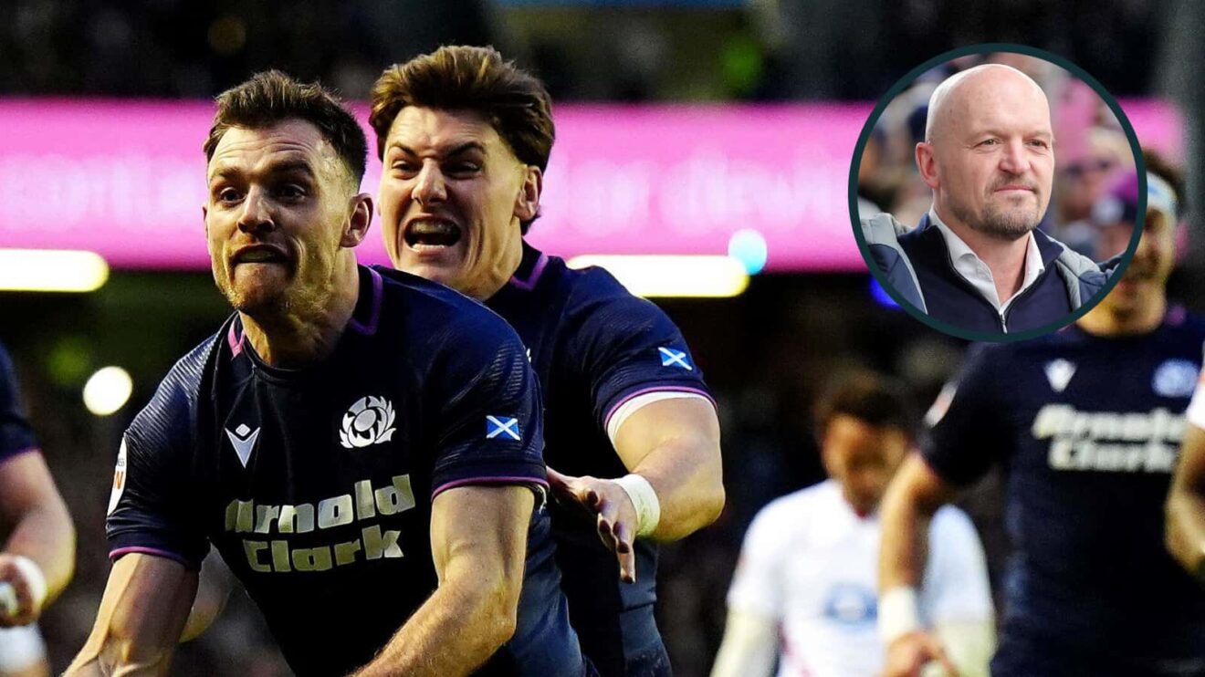 Scotland celebrate try against England in 2026 Six Nations, and head coach Gregor Townsend (inset).