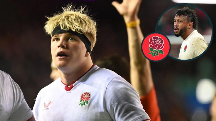 England back-rower Henry Pollock and former Test flanker Courtney Lawes (inset).