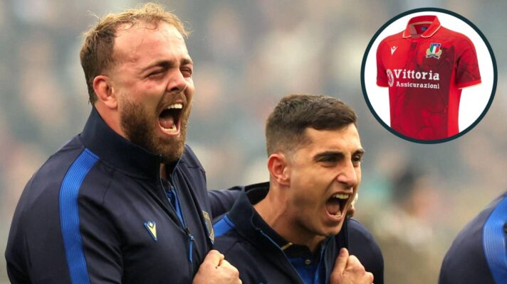 The Italian team sings the national anthem and an inset of the red jersey they will don against France.