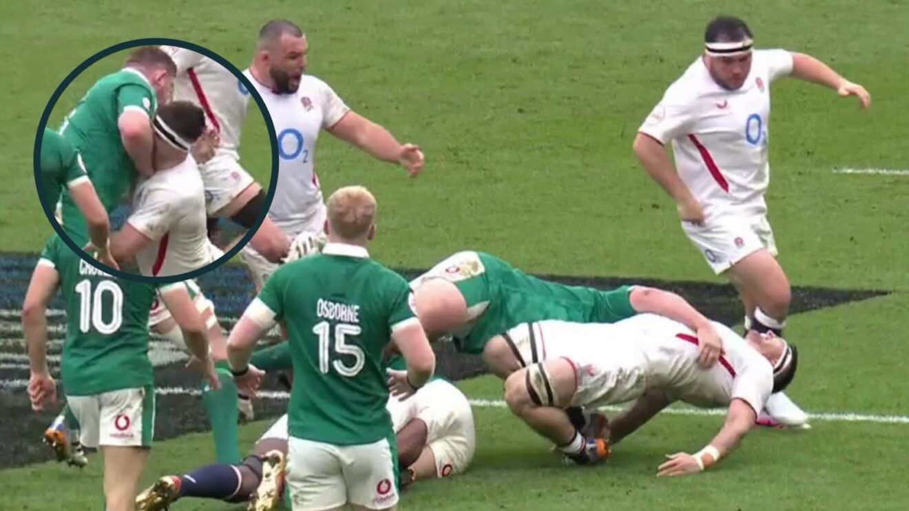 Tadhg Furlong's clear-out on Tom Curry during England v Ireland in the Six Nations