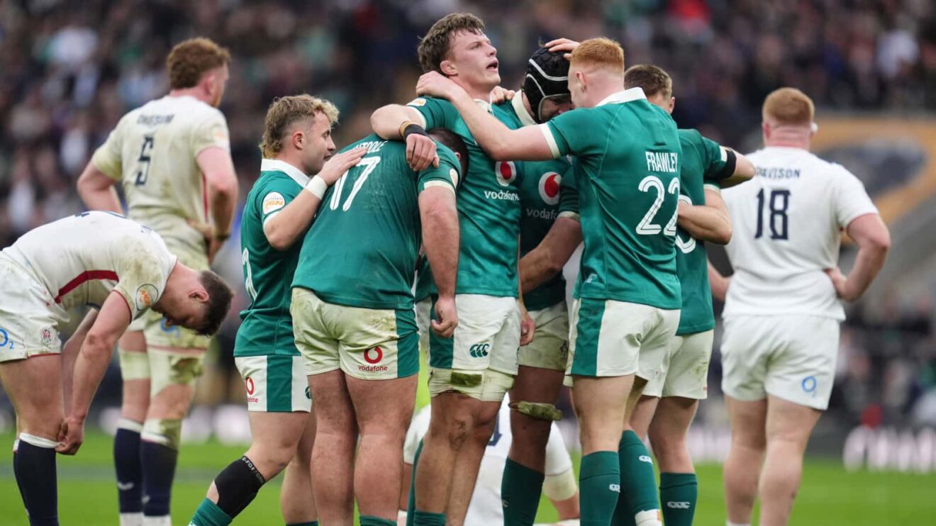 Ireland celebrate try v England in 2026 Six Nations.