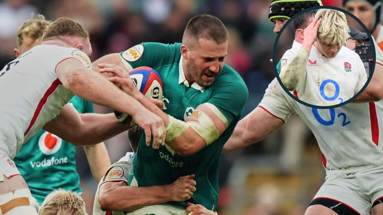Ireland's Stuart McCloskey, center, is tackled from behind during the Six Nations rugby union match between England and Ireland and an inset of Henry Pollock.