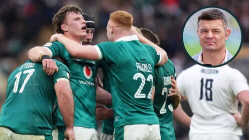 Ireland celebrate against England and legendary player Brian O'Driscoll (inset).