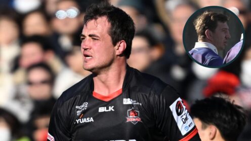 Springboks forwards Franco Mostert and Kwagga Smith in action in Japan.