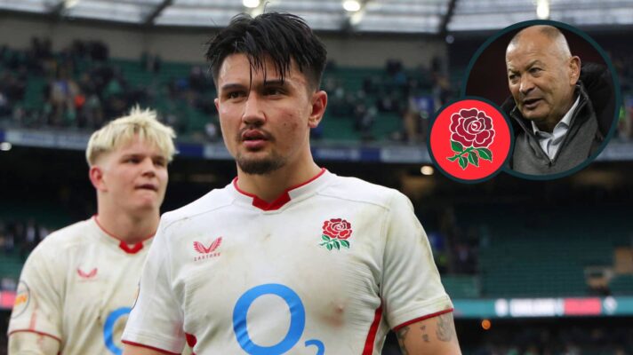 England players dejected after Ireland Six Nations defeat and former head coach Eddie Jones (inset).