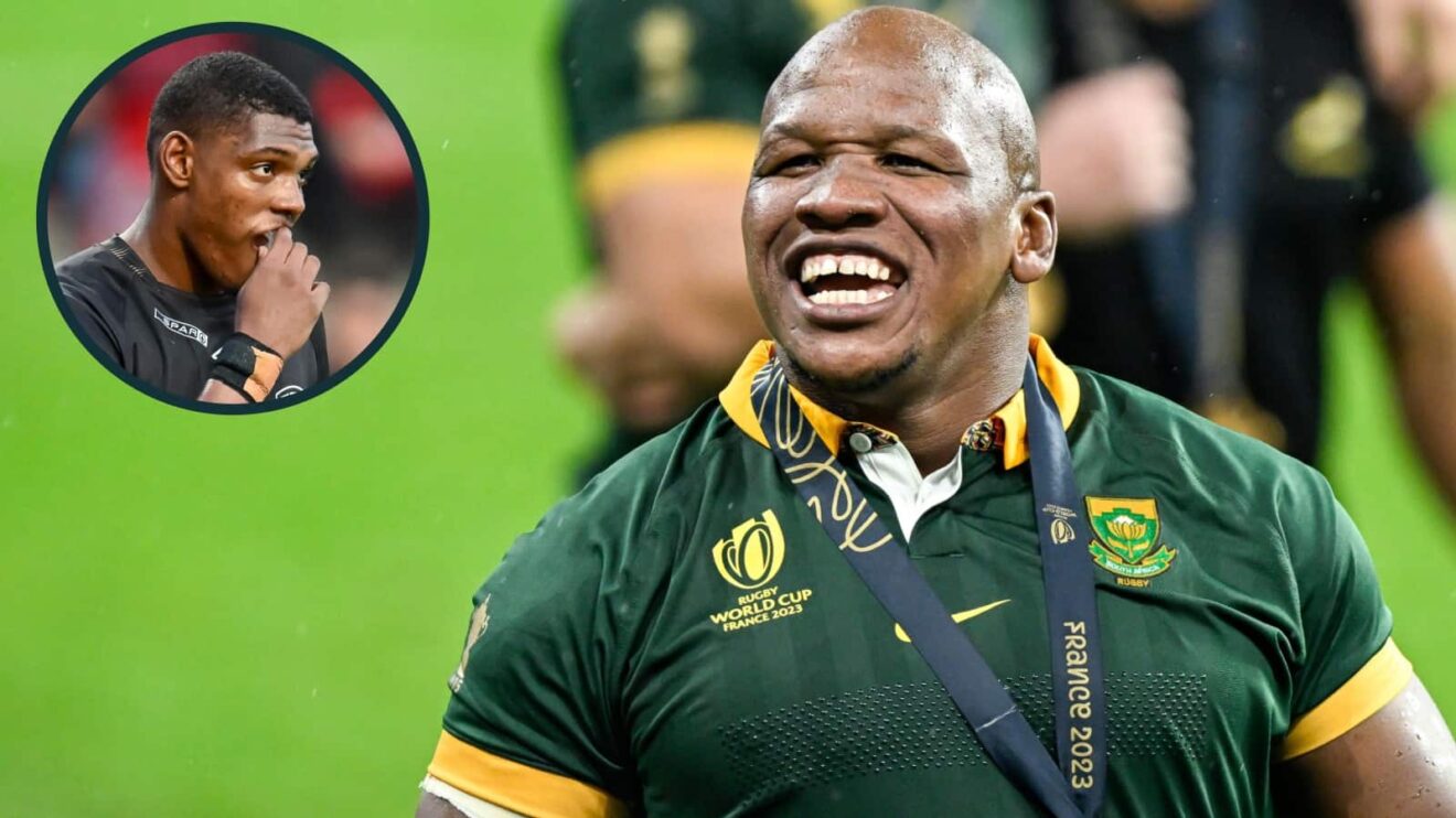 Springboks hooker Bongi Mbonambi and an inset of Sharks back Hakeem Kunene.