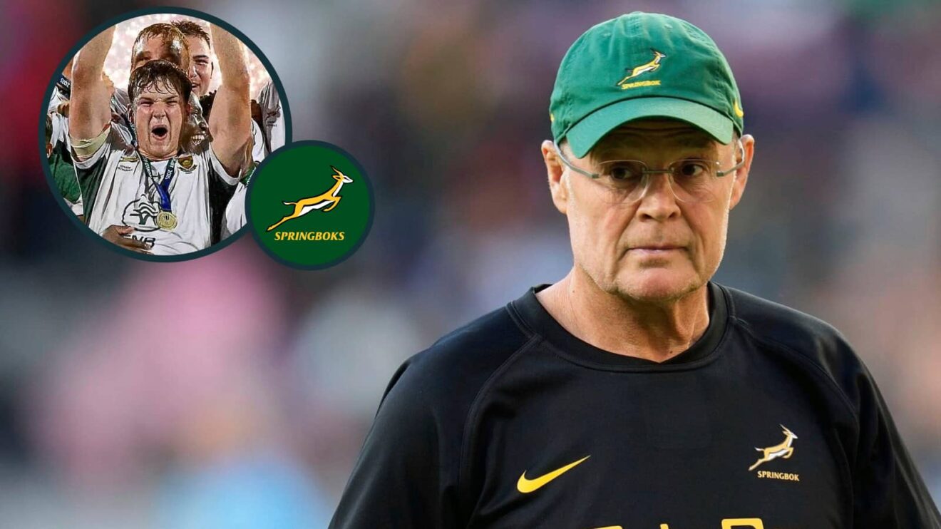 Springboks head coach Rassie Erasmus with an inset of Junior Springboks captain Riley Norton (Maurilio Boldrini / World Rugby).