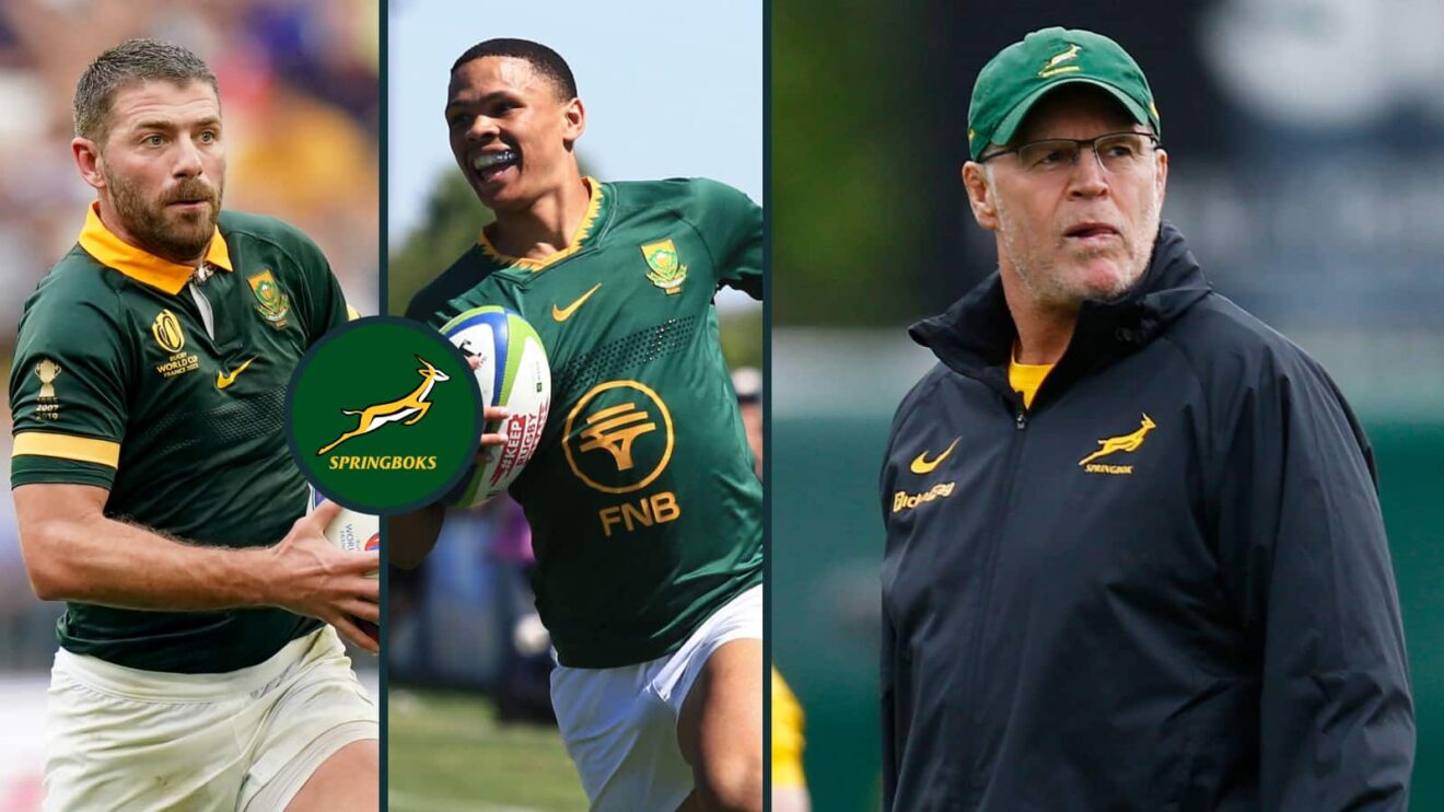 Willie Le Roux, Jaco Williams and Springboks head coach Rassie Erasmus.