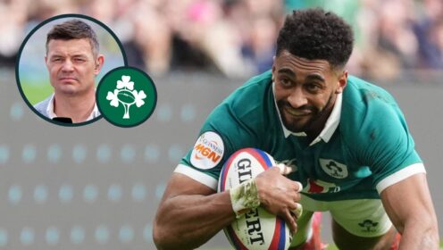 Robert Balcoucoune scoring a try for Ireland against England and former captain Brian O'Driscoll (inset).