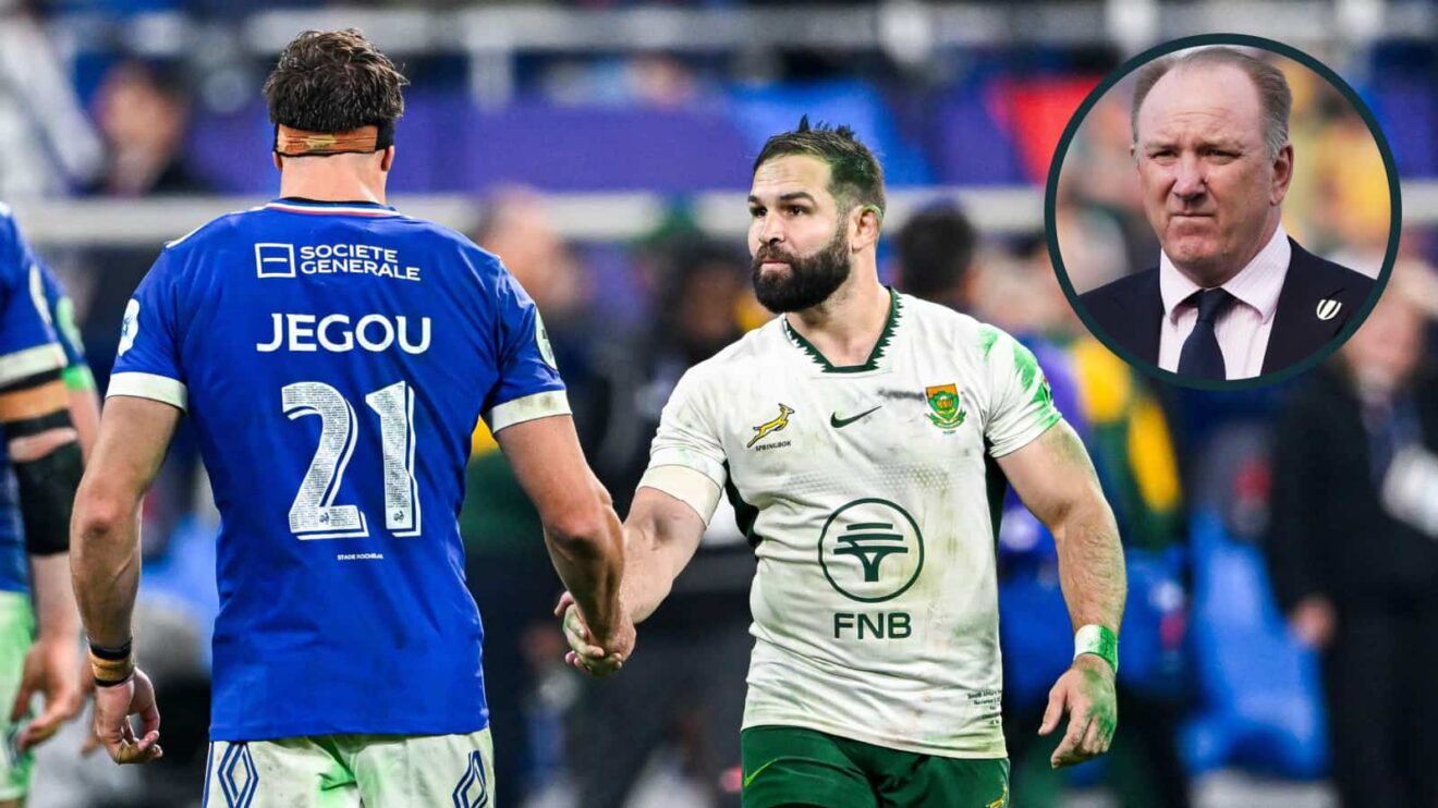 France's Oscar Jegou and South Africa's Cobus Reinach shake hands with an inset of World Rugby chair Brett Robinson.