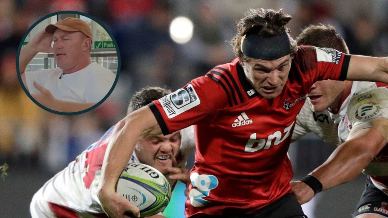 Crusaders taking on the Lions in Super Rugby final and Springboks legend Schalk Burger (inset).