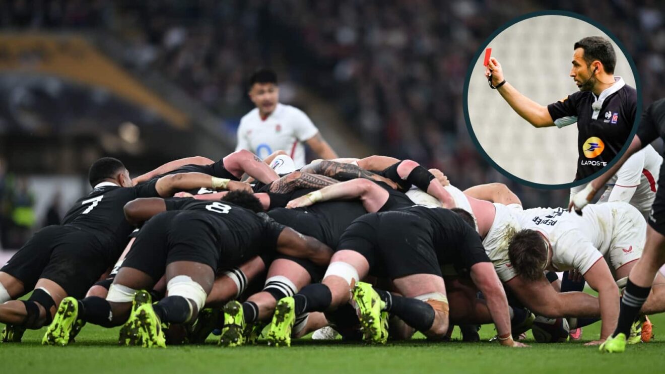A scrum during England v All Blacks and an inset of ex-referee Mathieu Raynal issuing a red card.