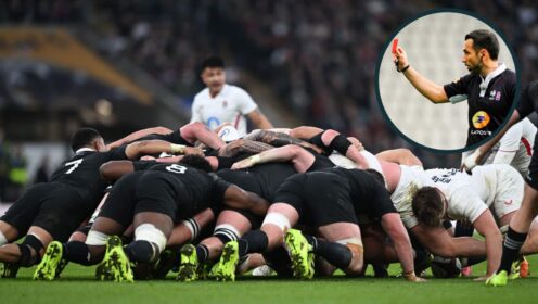 A scrum during England v All Blacks and an inset of ex-referee Mathieu Raynal issuing a red card.